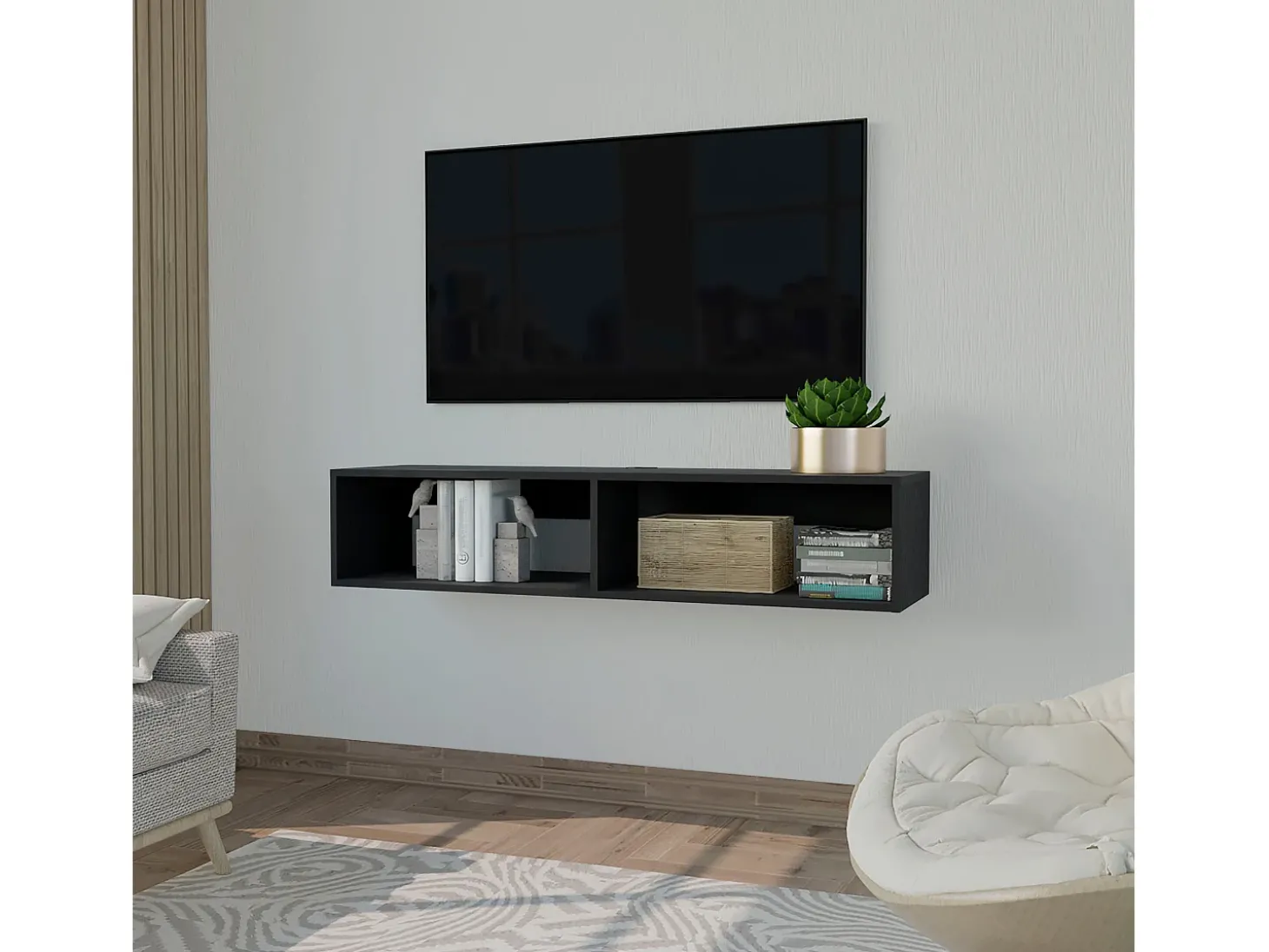 Estante multimédia em melamina Rockwood com duas prateleiras, 25.3 cm X 121.1 cm X 32 cm , Preto