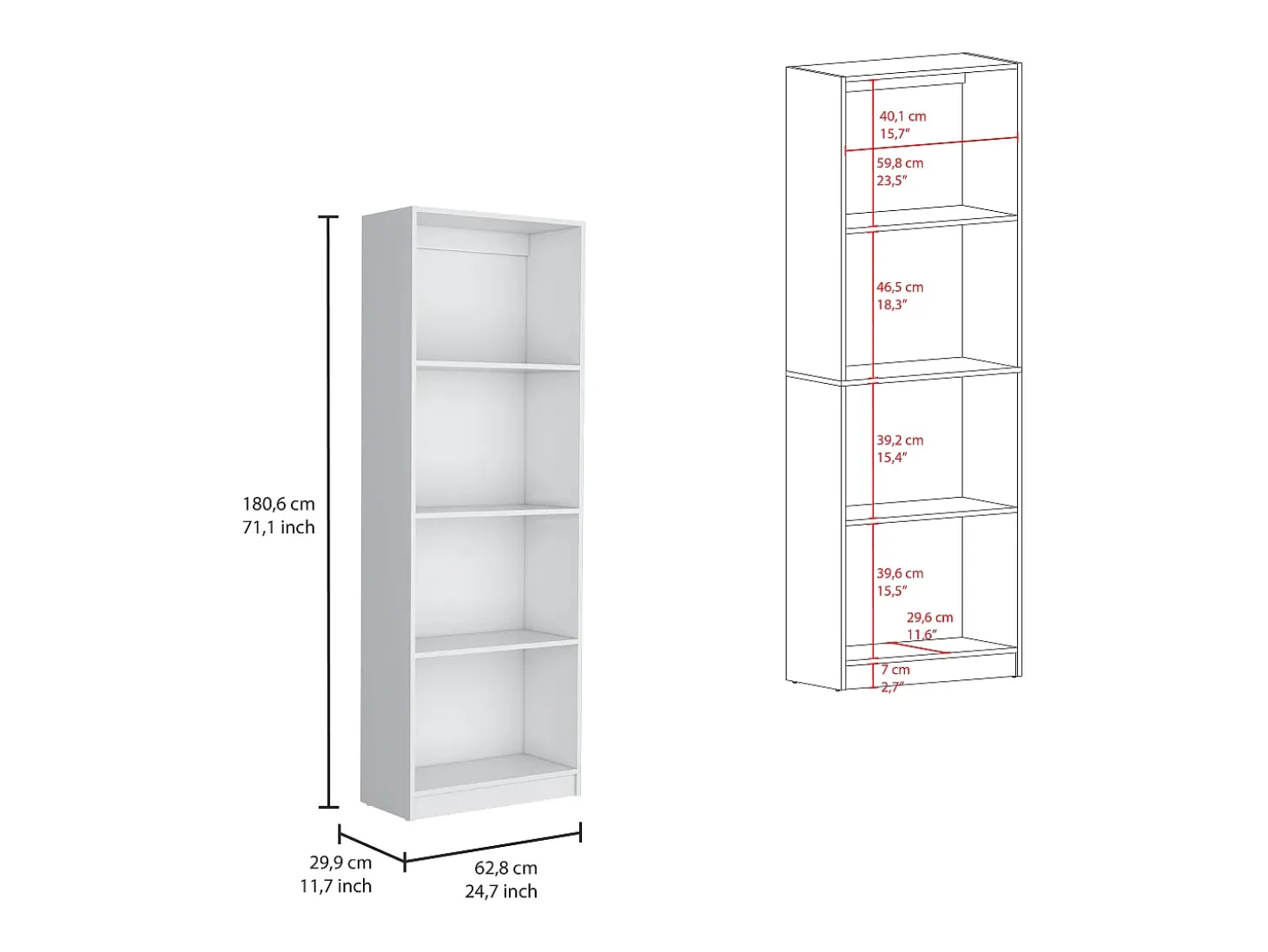 Estante para escritório em casa em melamina com 4 prateleiras abertas, 180.60 cm X 62.73 cm X 29.71 cm , Branco