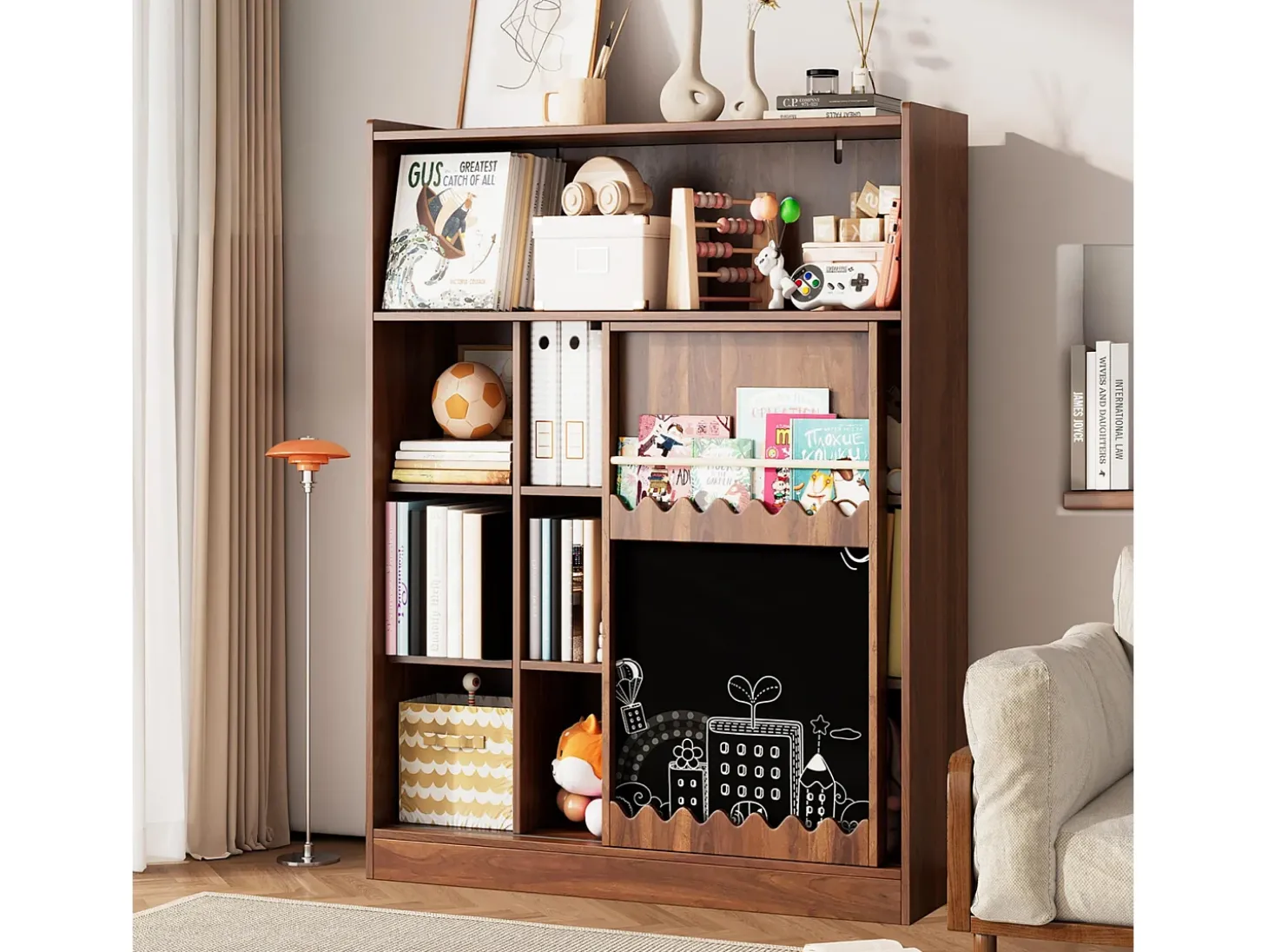 Estante 120x38.5x151.5 cm - com prancheta de desenho removível - 9 compartimentos de armazenamento - 1 porta de correr - marrom