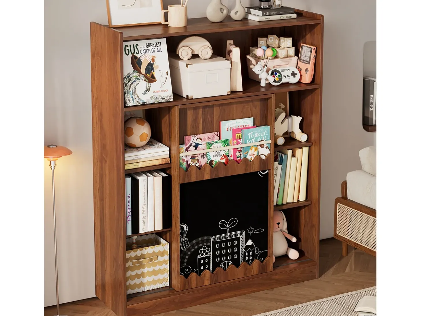 Estante 120x38.5x151.5 cm - com prancheta de desenho removível - 9 compartimentos de armazenamento - 1 porta de correr - marrom