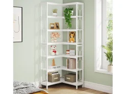 Estanteria de canto, estante industrial com 7 níveis, estantes de canto em madeira e metal, estante de exibição autossustentável para o sala de estar