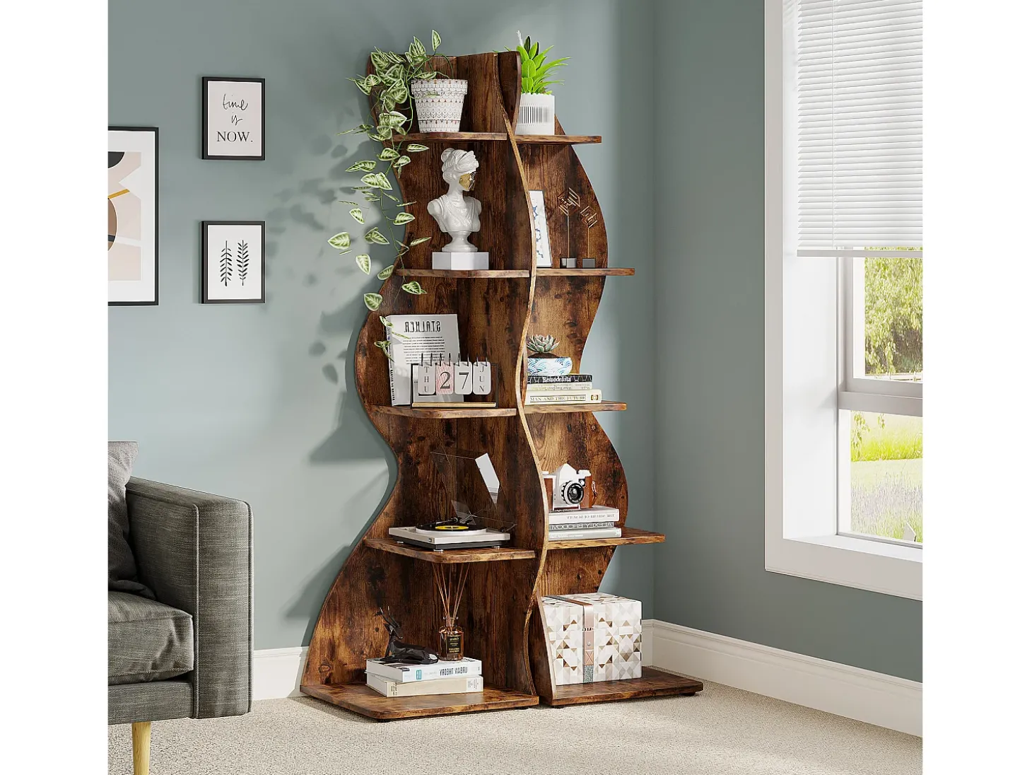 Etagère de canto moderna com 5 níveis, Pequena biblioteca de canto elegante, Suporte para plantas e unidade de organização com formato único, Castanho