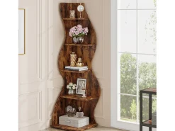 Etagère de canto moderna com 5 níveis, Pequena biblioteca de canto elegante, Suporte para plantas e unidade de organização com formato único, Castanho