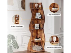 Etagère de canto moderna com 5 níveis, Pequena biblioteca de canto elegante, Suporte para plantas e unidade de organização com formato único, Castanho