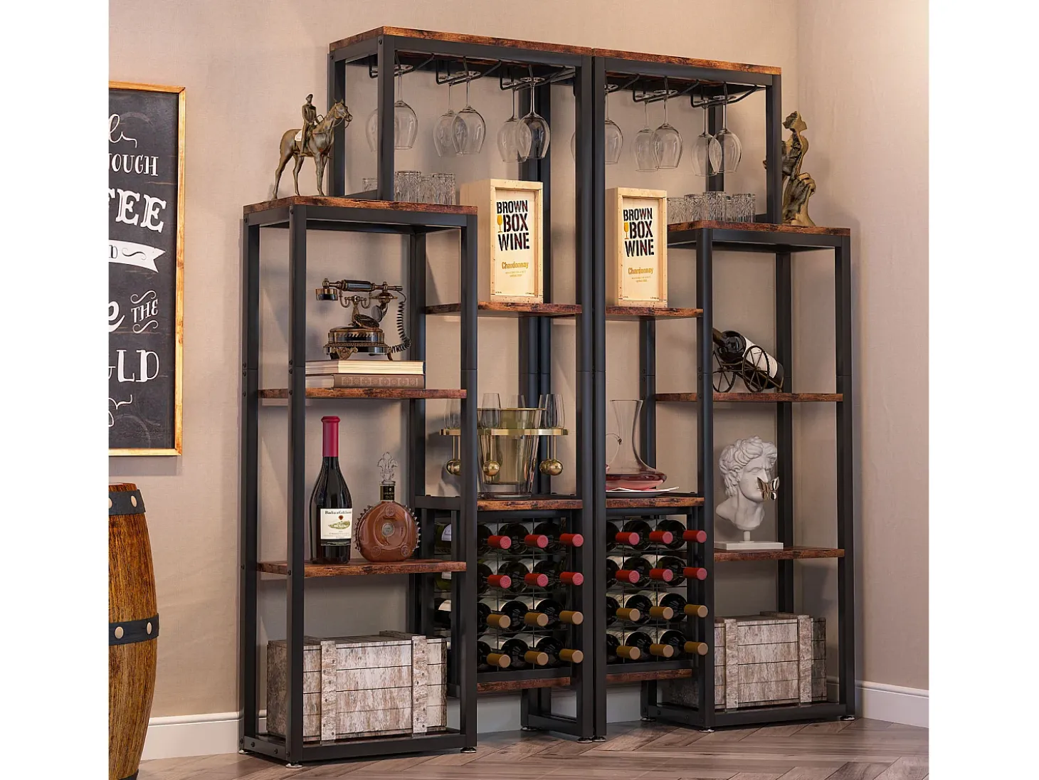 Etagère de vin autônoma com 5 andares, com suporte em vidro e espaço para guardar vinhos, estante industrial para bar, cozinha, sala de jantar (castanho)