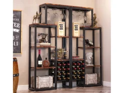 Etagère de vin autônoma com 5 andares, com suporte em vidro e espaço para guardar vinhos, estante industrial para bar, cozinha, sala de jantar (castanho)