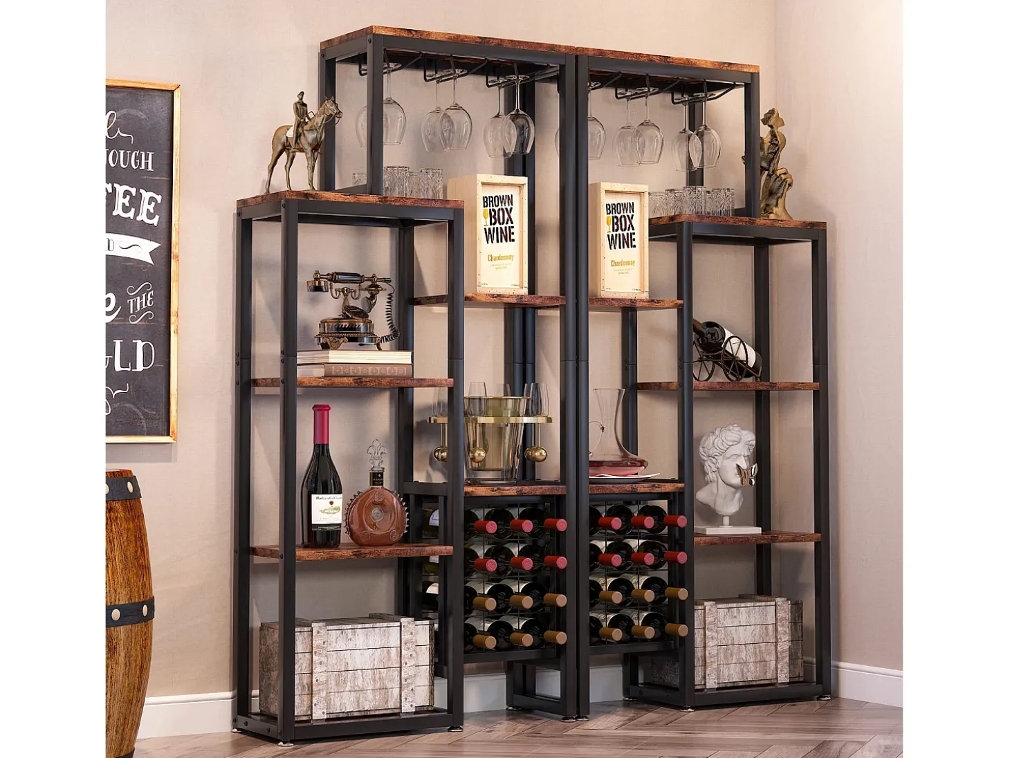 Etagère de vin autônoma com 5 andares, com suporte em vidro e espaço para guardar vinhos, estante industrial para bar, cozinha, sala de jantar (castanho)