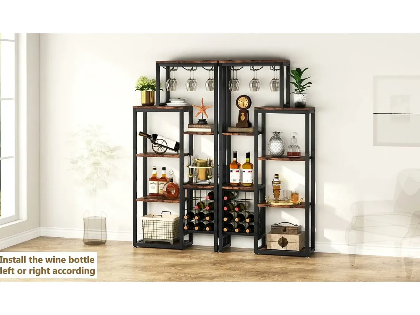 Etagère de vin autônoma com 5 andares, com suporte em vidro e espaço para guardar vinhos, estante industrial para bar, cozinha, sala de jantar (castanho)