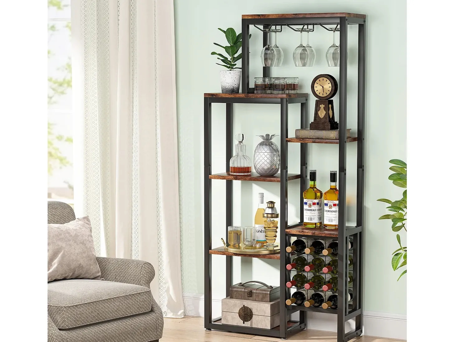 Etagère de vin autônoma com 5 andares, com suporte em vidro e espaço para guardar vinhos, estante industrial para bar, cozinha, sala de jantar (castanho)