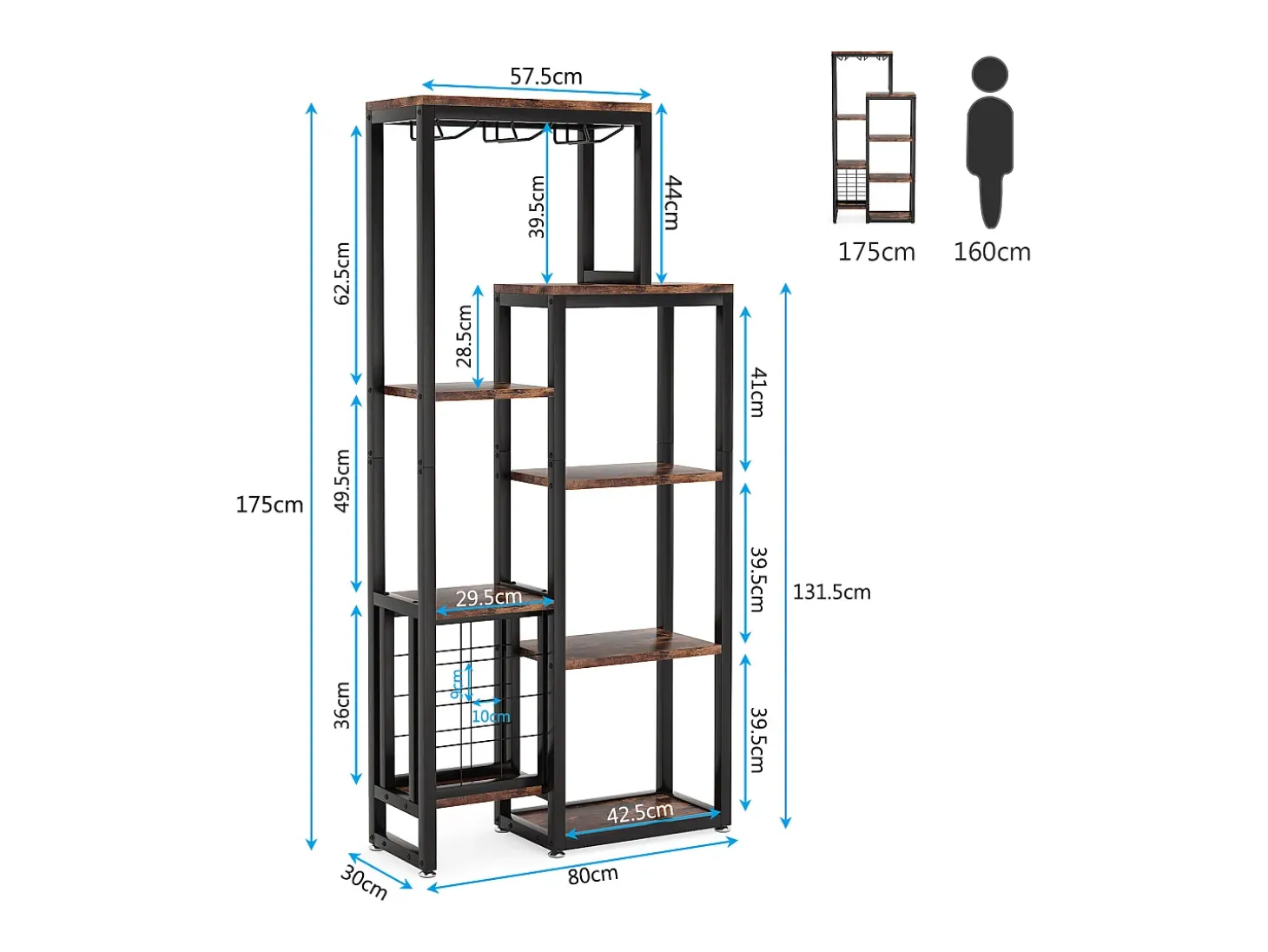 Etagère de vin autônoma com 5 andares, com suporte em vidro e espaço para guardar vinhos, estante industrial para bar, cozinha, sala de jantar (castanho)