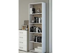 Etante Dedjoum, Biblioteca com 4 prateleira ajutávei, Etante de livro, Armário de parede com prateleira, 100% Fabricado em Itália, 60x30h195 cm, Branco e Carvalho