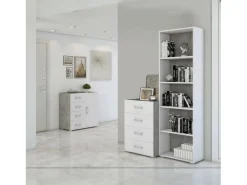 Etante Dedjoum, Biblioteca com 4 prateleira ajutávei, Etante de livro, Armário de parede com prateleira, 100% Fabricado em Itália, 60x30h195 cm, Branco e Cimento