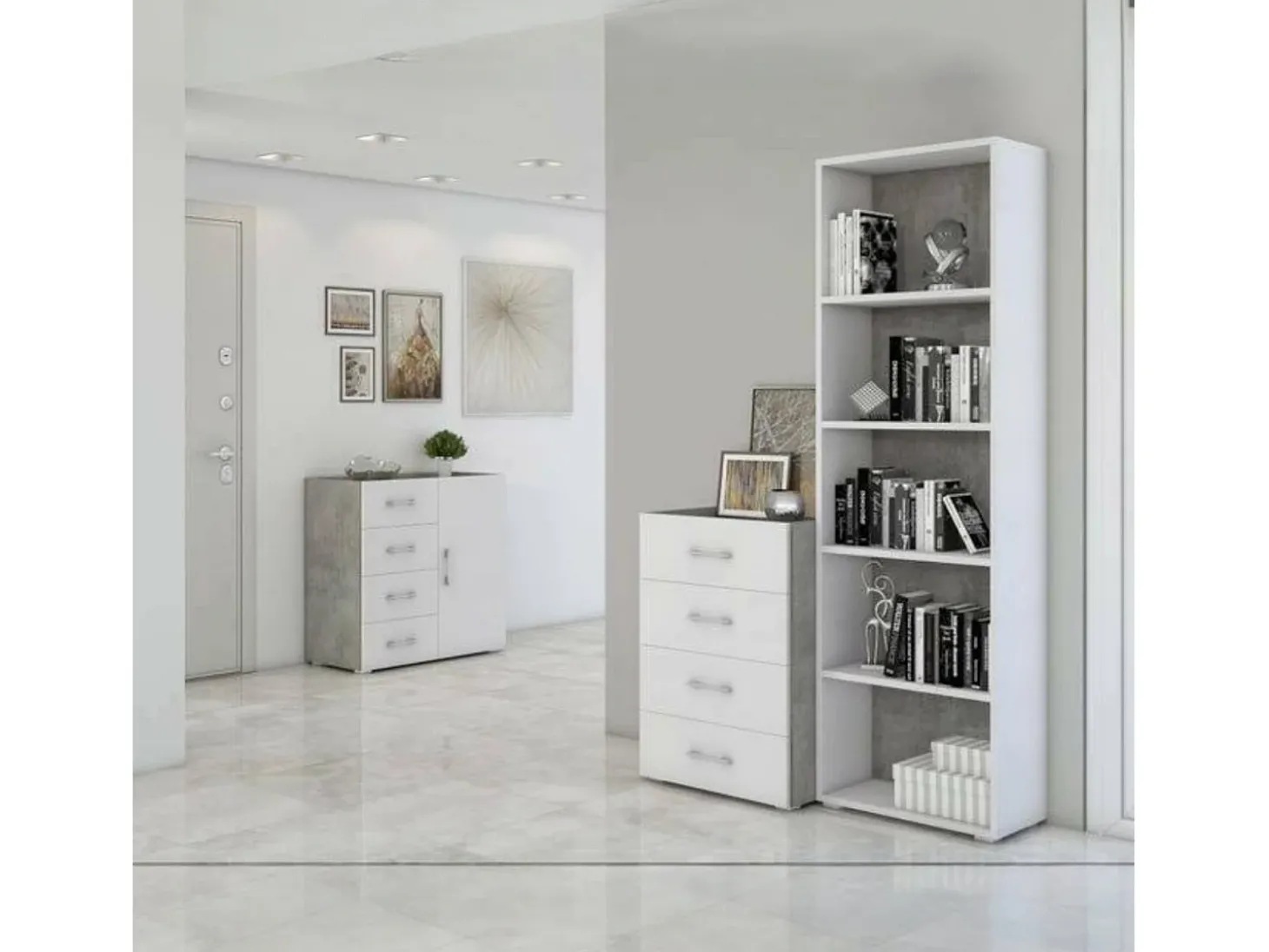 Etante Dedjoum, Biblioteca com 4 prateleira ajutávei, Etante de livro, Armário de parede com prateleira, 100% Fabricado em Itália, 60x30h195 cm, Branco e Cimento
