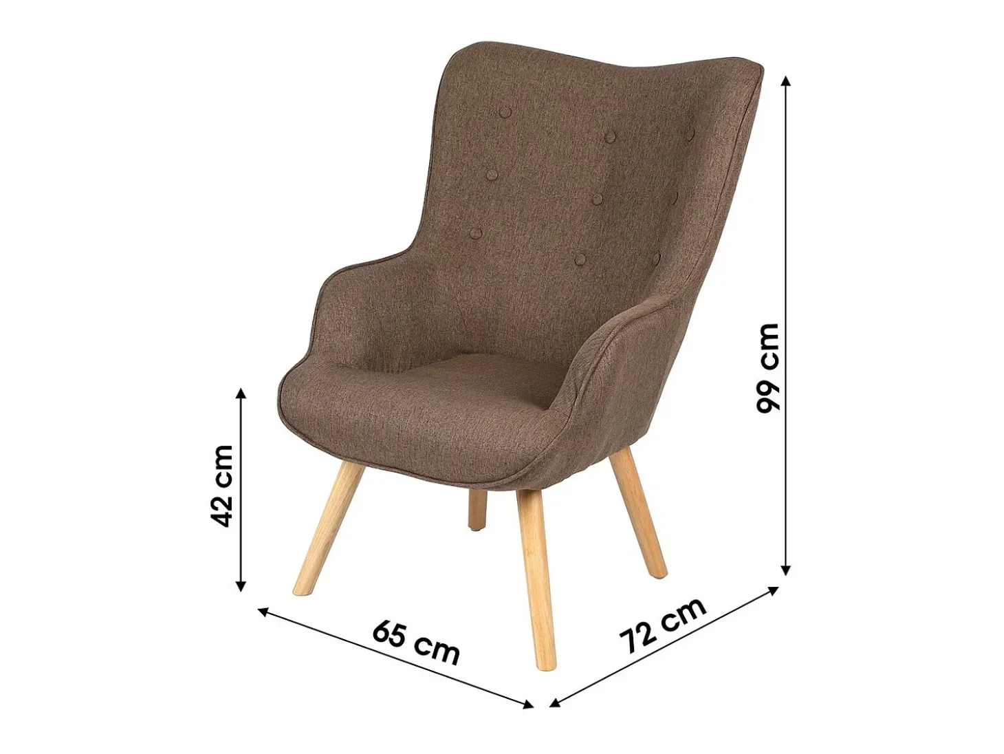 Fauteuil de salon en tissu coloris taupe avec pieds en bois collection ENJOY. Style scandinave