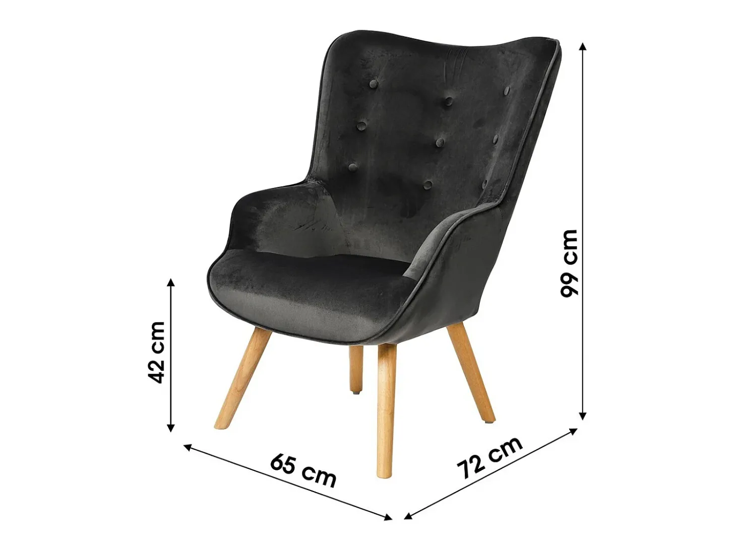 Fauteuil de salon en velours gris foncé avec pieds en bois collection ENJOY. Style scandinave
