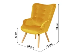 Fauteuil de salon en velours jaune moutarde avec pieds en bois collection ENJOY. Style scandinave