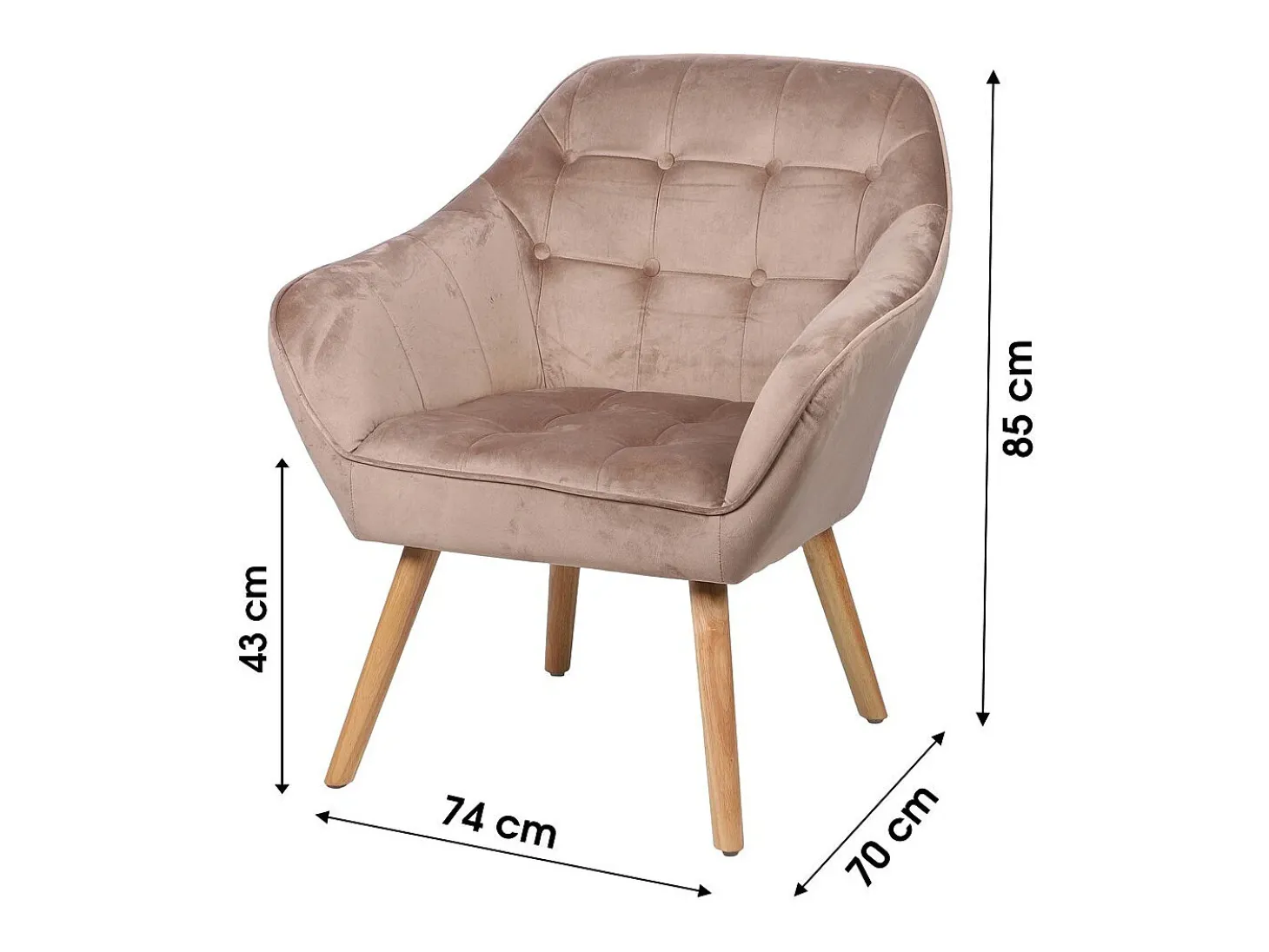 Fauteuil en velours beige avec pieds en bois – 74x70xH85 cm, hauteur d'assise 43 cm – Collection VELUREA