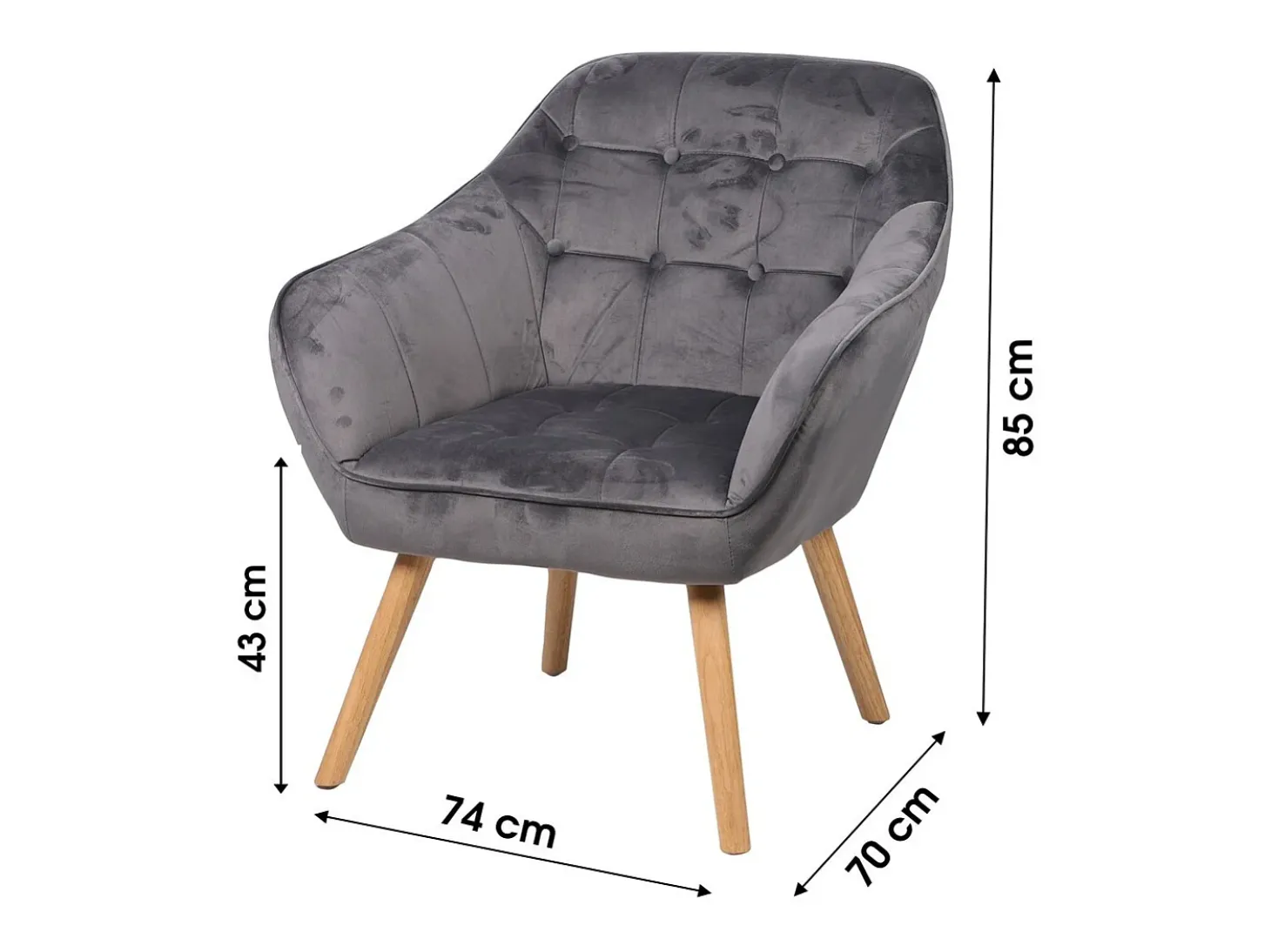 Fauteuil en velours gris avec pieds en bois – 74x70xH85 cm, hauteur d'assise 43 cm – Collection VELUREA