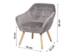 Fauteuil en velours gris clair avec pieds en bois – 74x70xH85 cm, hauteur d'assise 43 cm – Collection VELUREA