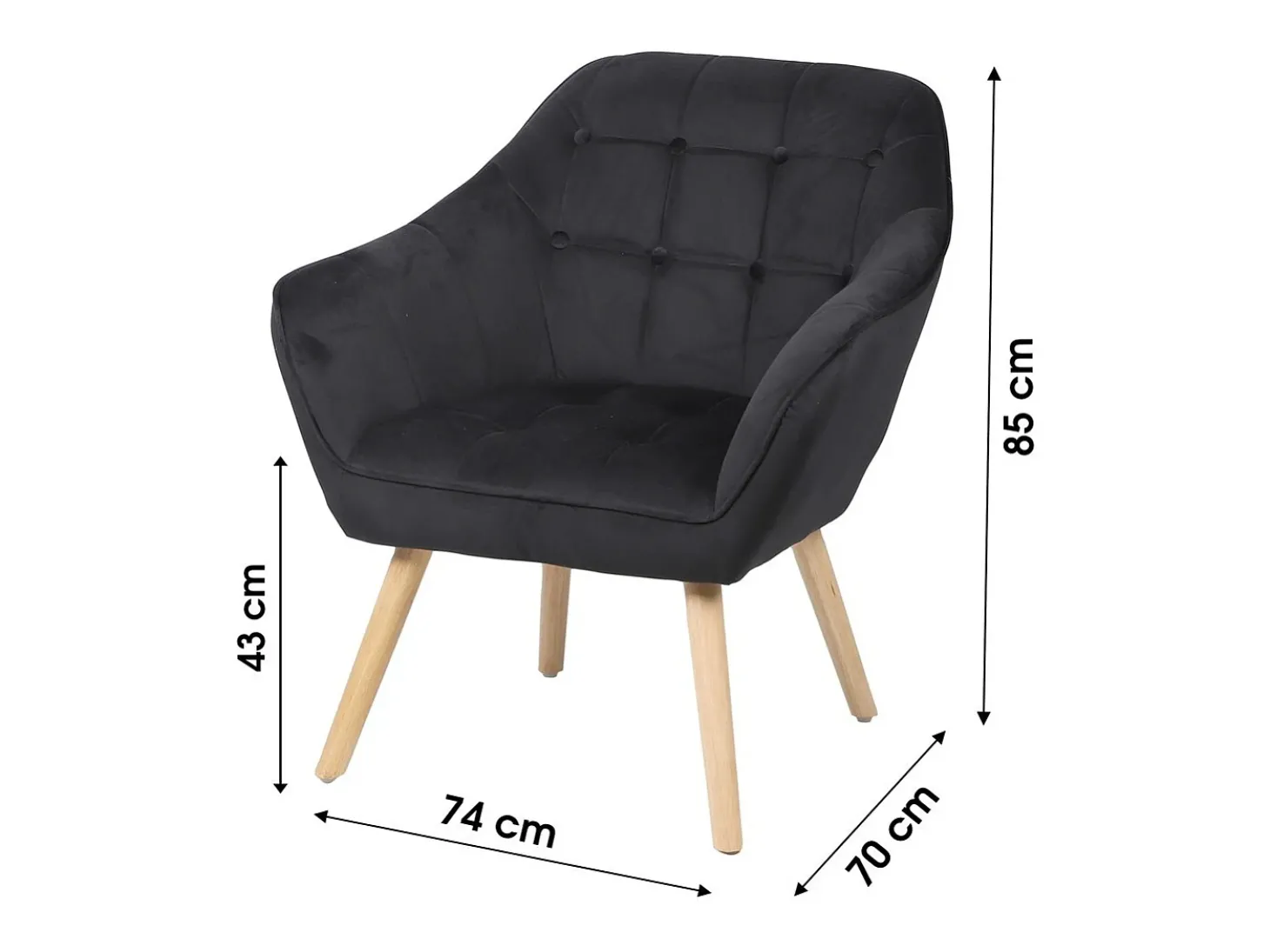 Fauteuil en velours noir avec pieds en bois – 74x70xH85 cm, hauteur d'assise 43 cm – Collection VELUREA