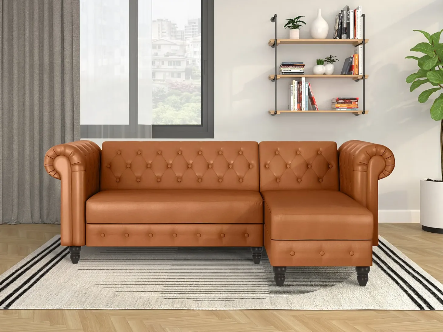 Felix | Sofá-cama Chaise Longue em PU Cognac