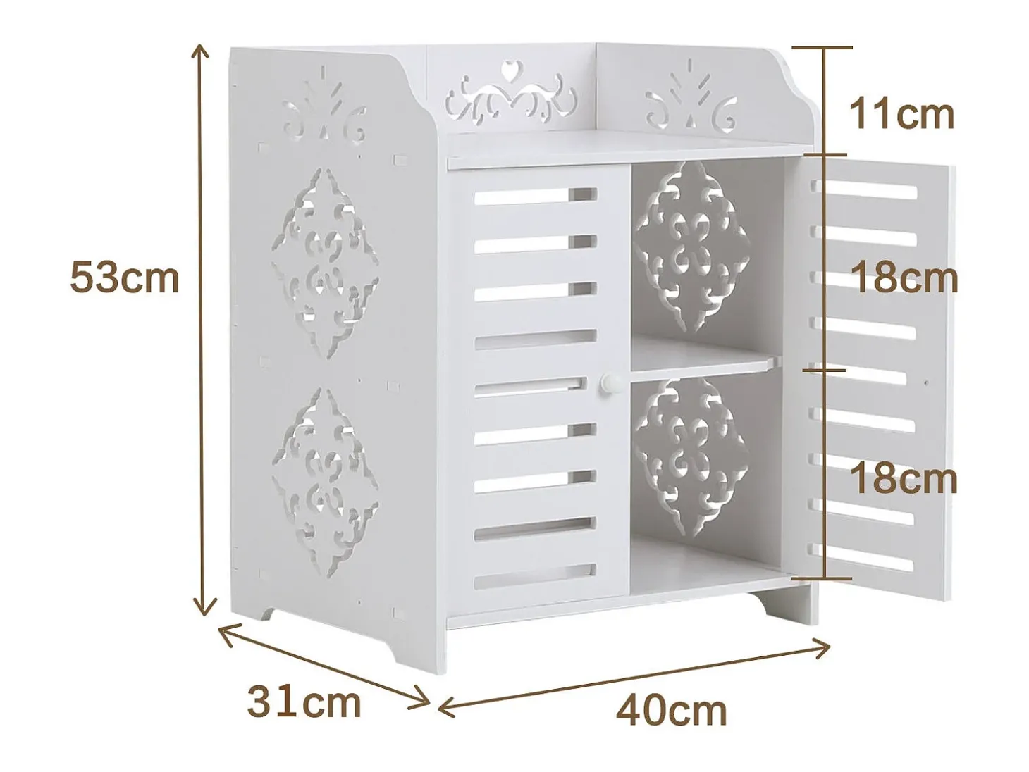 Gabinete de sapatos 3 prateleiras, gabinete de sapato de 2 dotas, design de padrão de corte, 40x31x53cm, branco
