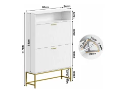 Gabinete de sapatos, com 2 portas de terceirização e 1 prateleira aberta, anti-plina, branca, 80x24x117cm Design