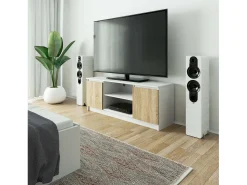 Gabinete de TV 140 cm Branco/Carvalho de Sonoma com 2 Portas e 2 Prateleiras, para Montagem DIY, 55 cm Altura, 40 cm Profundidade, Design Moderno