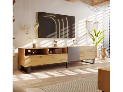 Gabinete de TV 2 gavetas 1 portas e 3 nichos - em MDF - Efeito de grão de madeira e pés de metal - 180x38x50cm