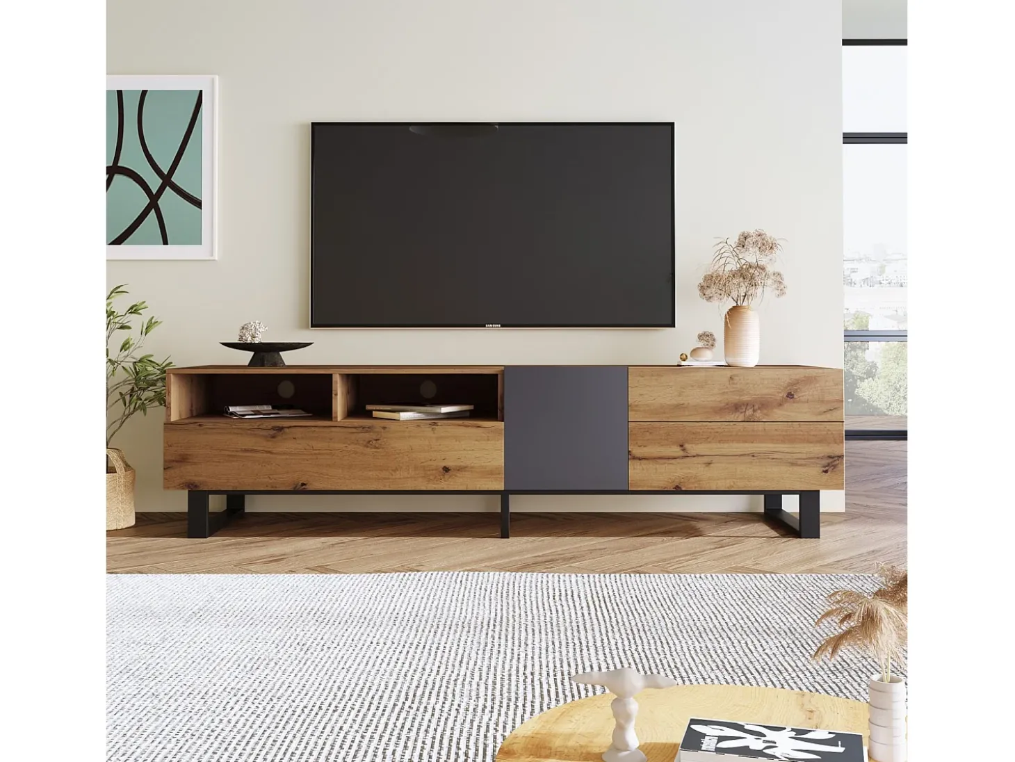 Gabinete de TV 2 gavetas 1 portas e 3 nichos - em MDF - Efeito de grão de madeira e pés de metal - 180x38x50cm