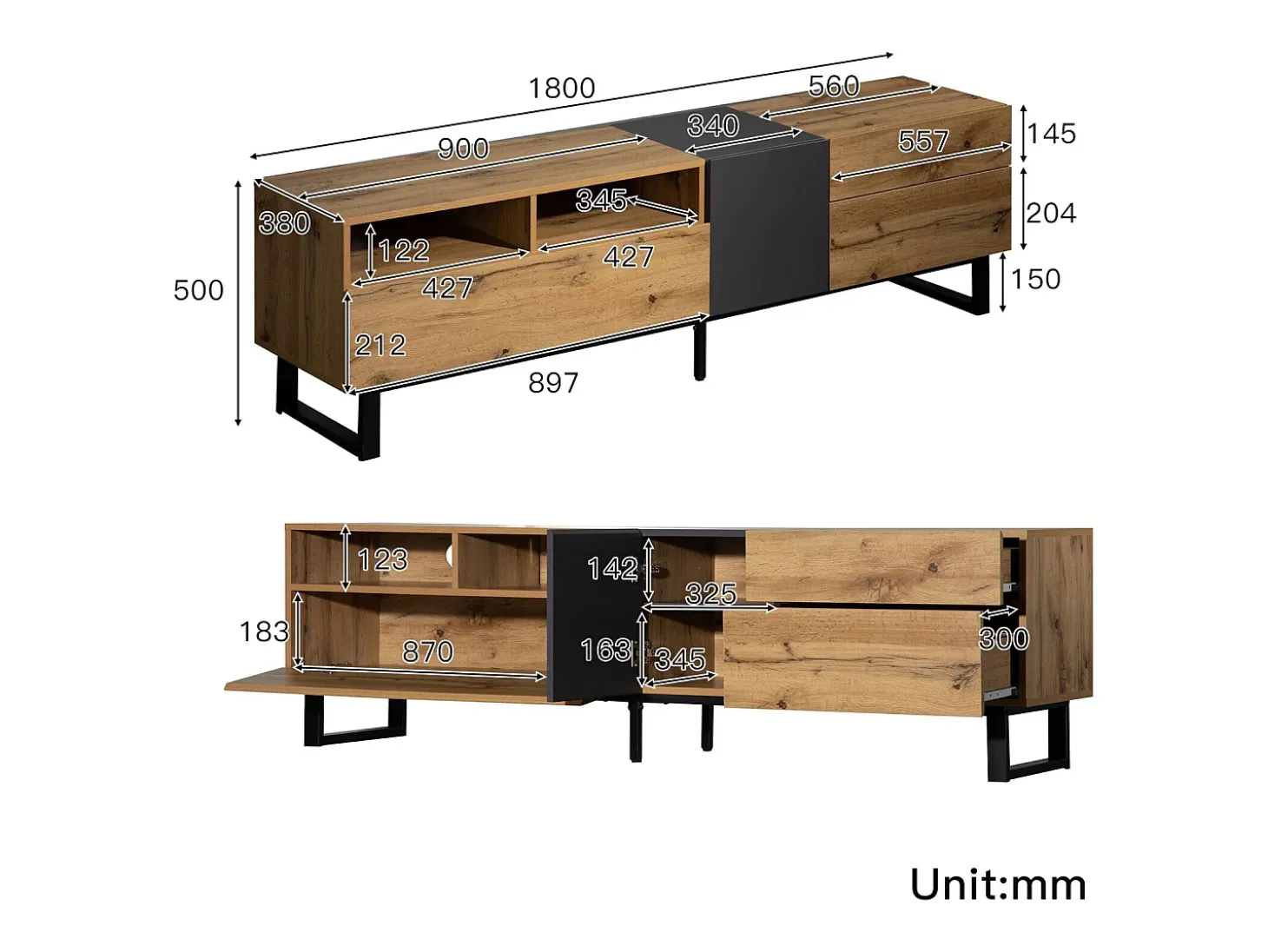Gabinete de TV 2 gavetas 1 portas e 3 nichos - em MDF - Efeito de grão de madeira e pés de metal - 180x38x50cm