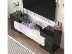 Gabinete de TV 2 gavetas 6 portas e 3 nichos, com LEDs, carga máxima de 60 kg, preto+branco, 145x30x51cm