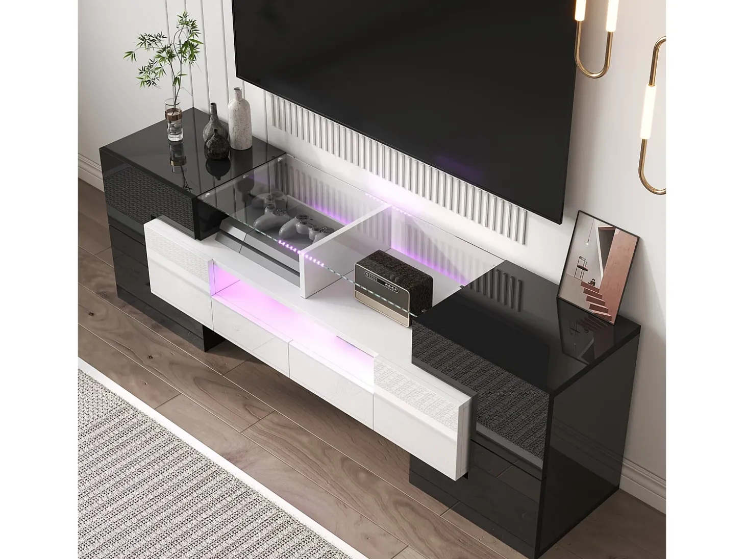 Gabinete de TV 2 gavetas 6 portas e 3 nichos, com LEDs, carga máxima de 60 kg, preto+branco, 145x30x51cm