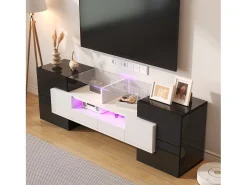 Gabinete de TV 2 gavetas 6 portas e 3 nichos, com LEDs, carga máxima de 60 kg, preto+branco, 145x30x51cm