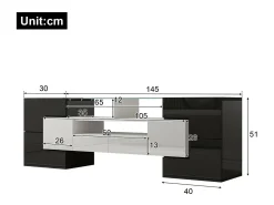 Gabinete de TV 2 gavetas 6 portas e 3 nichos, com LEDs, carga máxima de 60 kg, preto+branco, 145x30x51cm