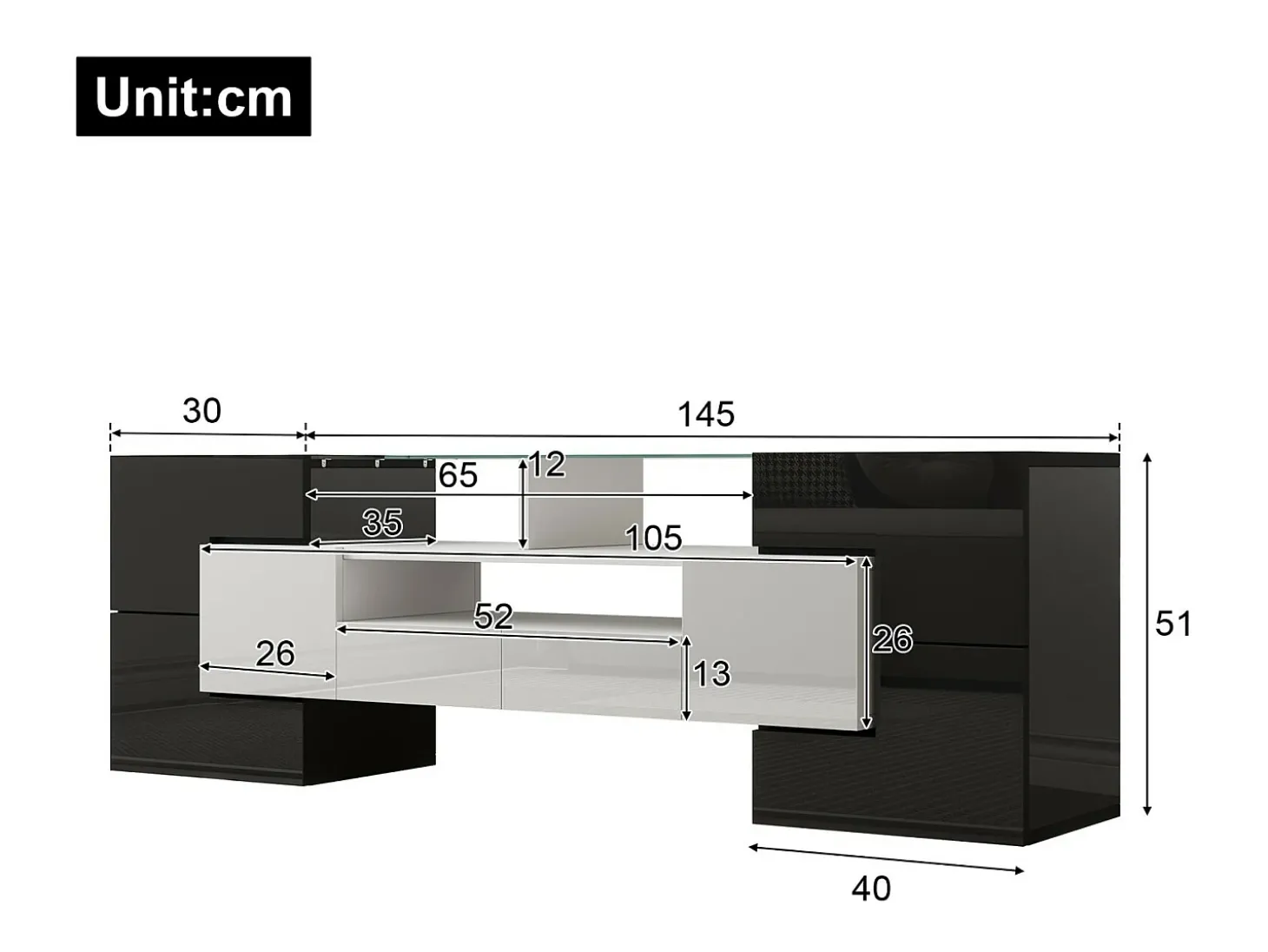 Gabinete de TV 2 gavetas 6 portas e 3 nichos, com LEDs, carga máxima de 60 kg, preto+branco, 145x30x51cm