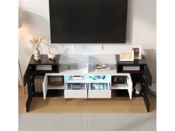 Gabinete de TV 2 gavetas 6 portas e 3 nichos, com LEDs, carga máxima de 60 kg, preto+branco, 145x30x51cm