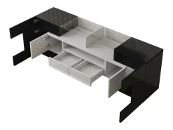 Gabinete de TV 2 gavetas 6 portas e 3 nichos, com LEDs, carga máxima de 60 kg, preto+branco, 145x30x51cm