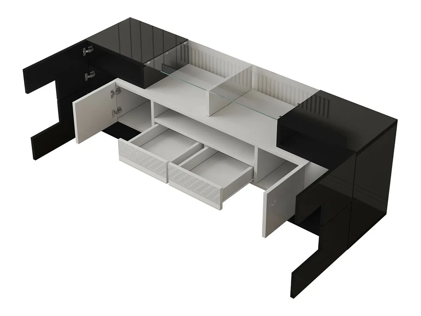 Gabinete de TV 2 gavetas 6 portas e 3 nichos, com LEDs, carga máxima de 60 kg, preto+branco, 145x30x51cm