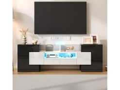 Gabinete de TV 2 gavetas 6 portas e 3 nichos, com LEDs, carga máxima de 60 kg, preto+branco, 145x30x51cm