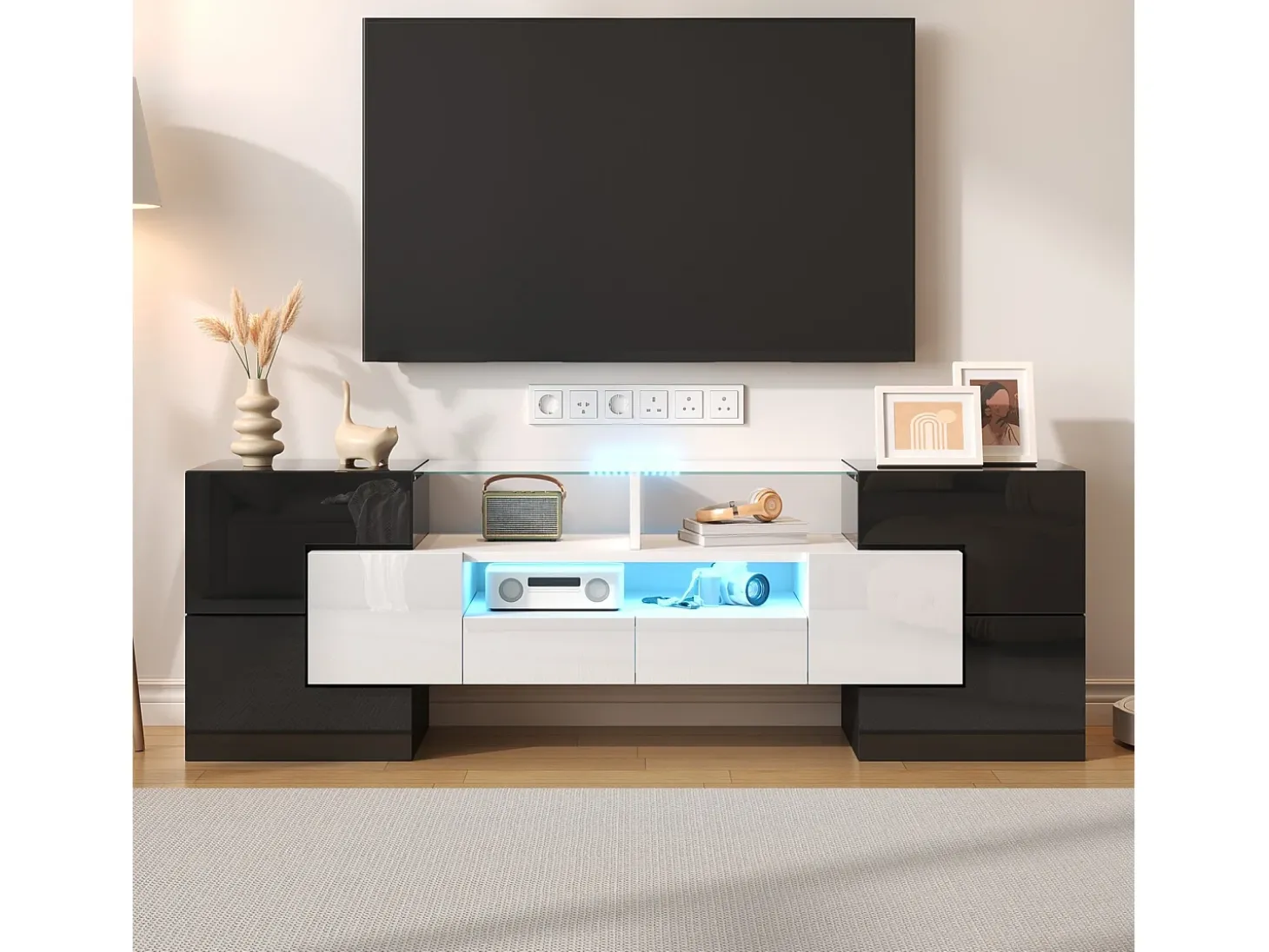 Gabinete de TV 2 gavetas 6 portas e 3 nichos, com LEDs, carga máxima de 60 kg, preto+branco, 145x30x51cm