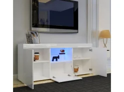 Gabinete de TV branco brilhante com luz LED, 3 portas, prateleira de vidro, bancada de TV moderna, buffet de sala de estar, 135x35x70cm