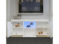 Gabinete de TV branco brilhante com luz LED, 3 portas, prateleira de vidro, bancada de TV moderna, buffet de sala de estar, 135x35x70cm