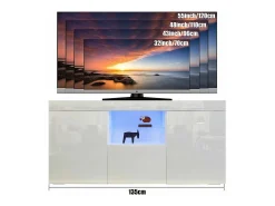 Gabinete de TV branco brilhante com luz LED, 3 portas, prateleira de vidro, bancada de TV moderna, buffet de sala de estar, 135x35x70cm