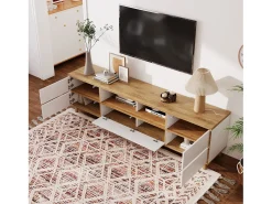 Gabinete de TV de 5 e 8 e 8 nicho, pés de madeira sólidos, 175x37x51cm, branco e natural