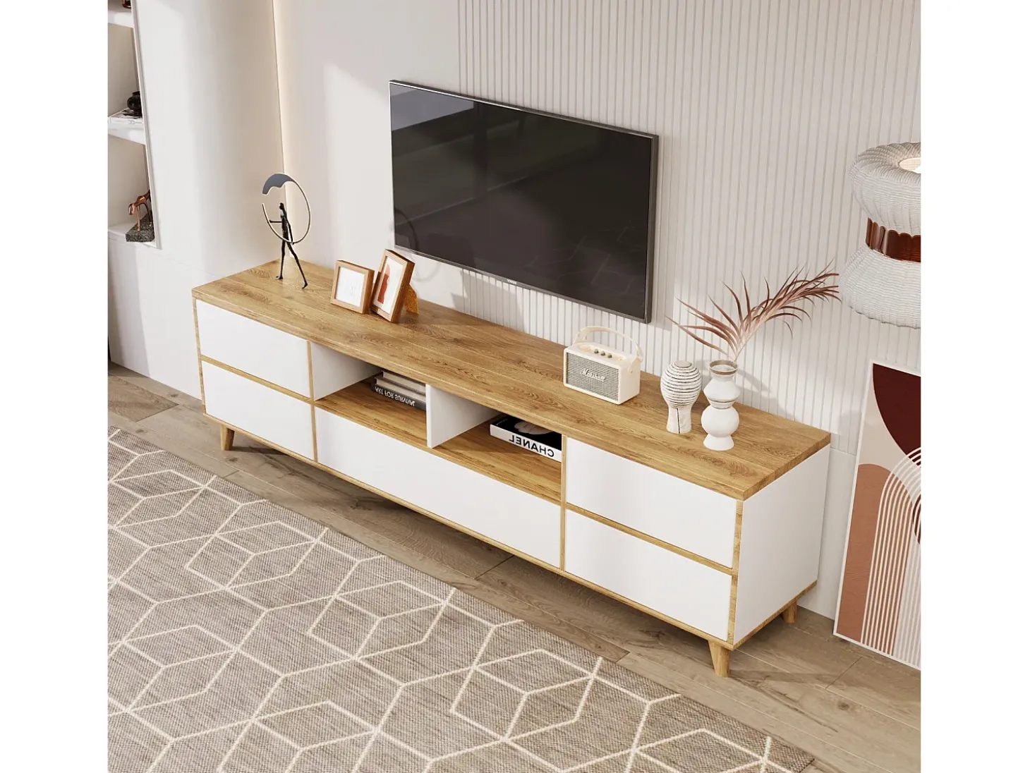 Gabinete de TV de 5 e 8 e 8 nicho, pés de madeira sólidos, 175x37x51cm, branco e natural