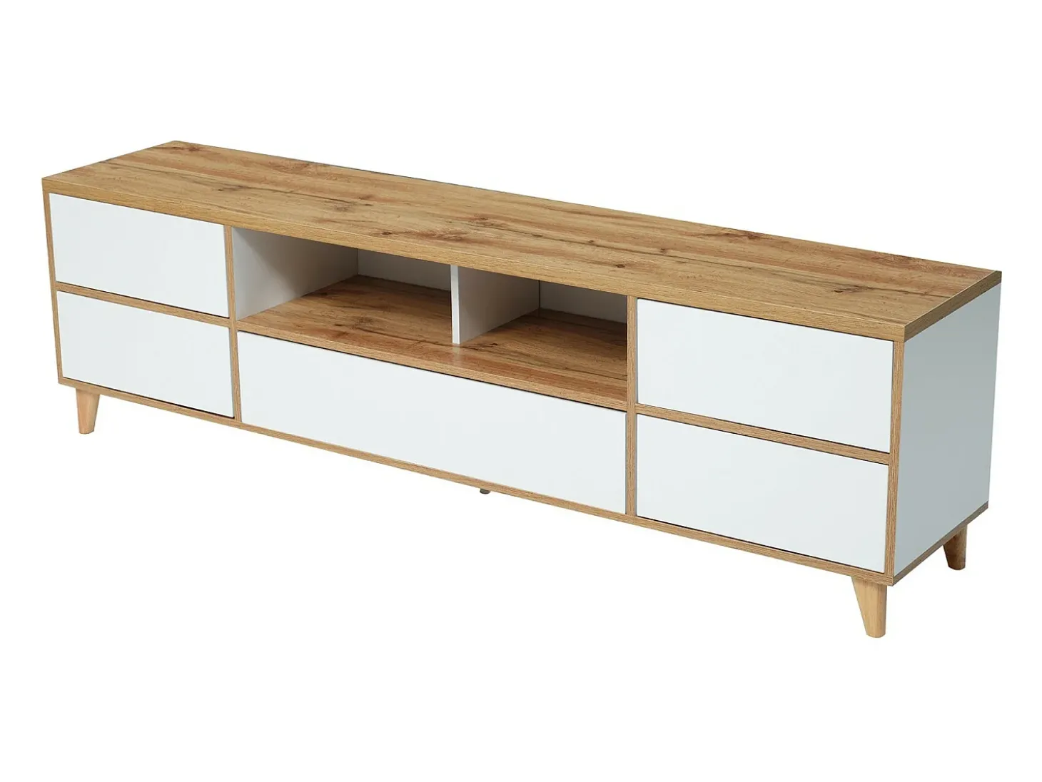 Gabinete de TV de 5 e 8 e 8 nicho, pés de madeira sólidos, 175x37x51cm, branco e natural