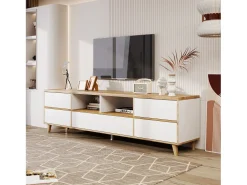 Gabinete de TV de 5 e 8 e 8 nicho, pés de madeira sólidos, 175x37x51cm, branco e natural