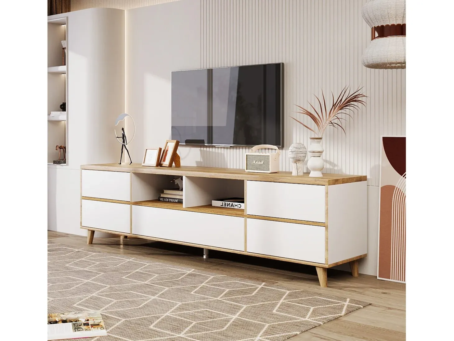 Gabinete de TV de 5 e 8 e 8 nicho, pés de madeira sólidos, 175x37x51cm, branco e natural