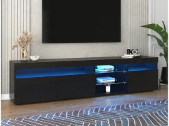 Gabinete de TV em MDF, com LED 4 modos 16 cores, 3 portas e 5 nicho, preto, 180x35x45cm